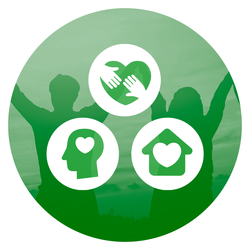 Illustration of a head with a heart, a house with a heart, and hands in a heart