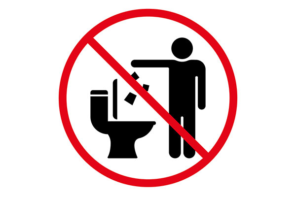 icon someone putting things in the toilet with red circle and line through it