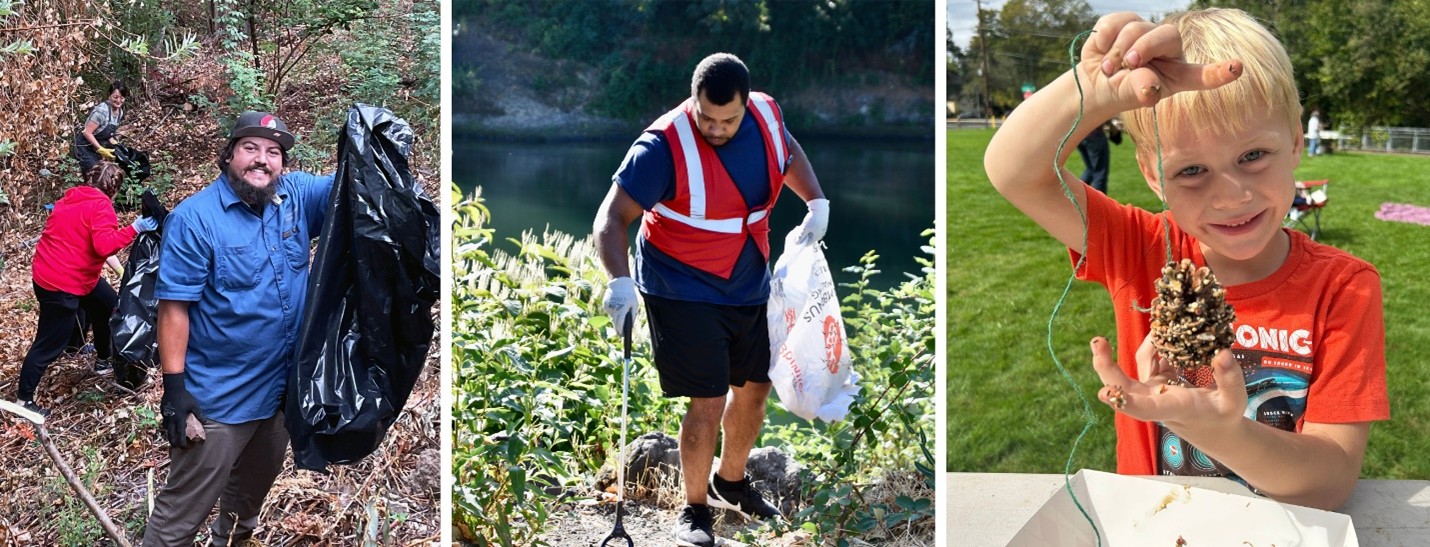 Clackamas County residents participate in community clean-up efforts (picking up trash) and outdoor educational learning opportunities