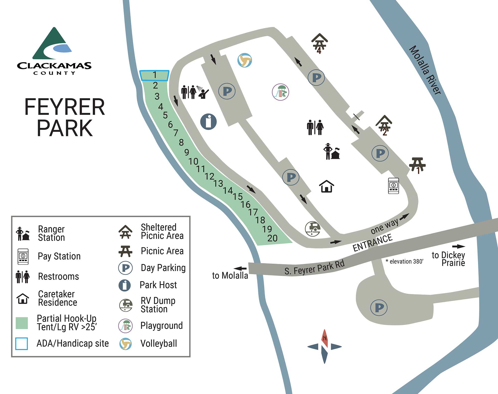 map showing Feyrer park campground sites and park amenities