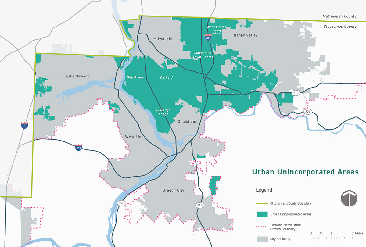 Map showing urban unincorporated areas that this study will focus on. This area includes Oak Grove, Jennings Lodge, Mt. Scott, Sunnyside, and the McLoughlin corridor.