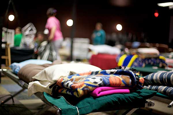 Cots in an overnight warming center