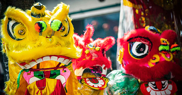 Dancers in traditional lion dance costume