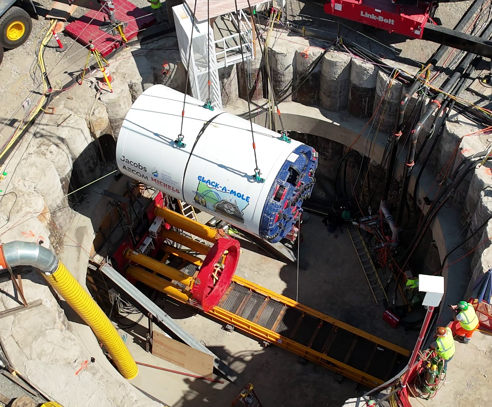 Tunnel boring machine being lowered into shaft