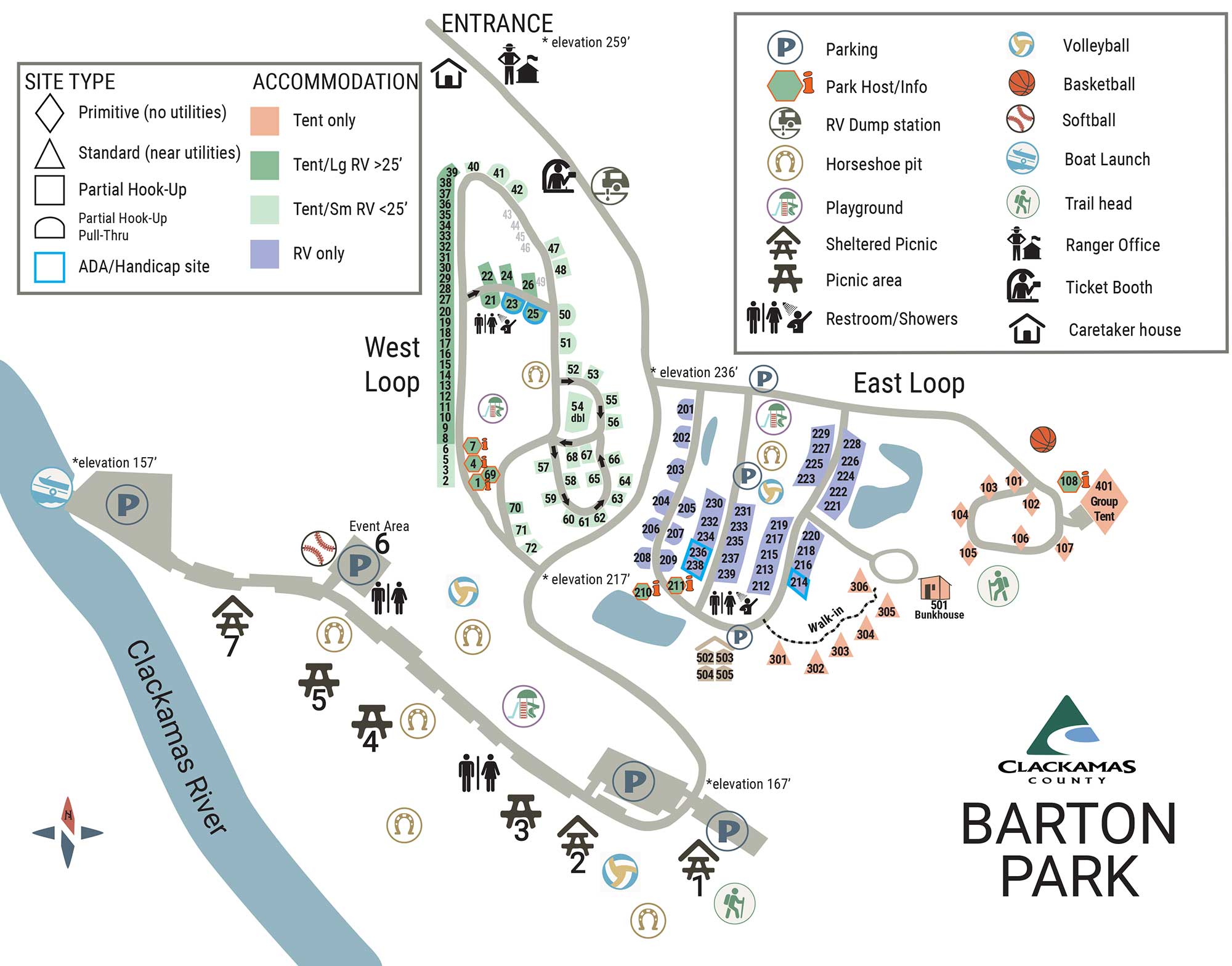Map of Barton Park Campsites and amenities